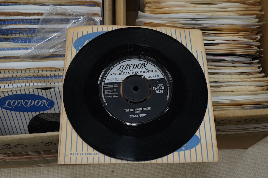 Four boxes of 7 inch singles, all on the London record label, artists include; The Rolling Stones, Ricky Nelson, Duane Eddy, The Ronettes, Roy Orbison, the Crystals, The Ran-Dells, Al Green, Ace Canon, the Willis Brother